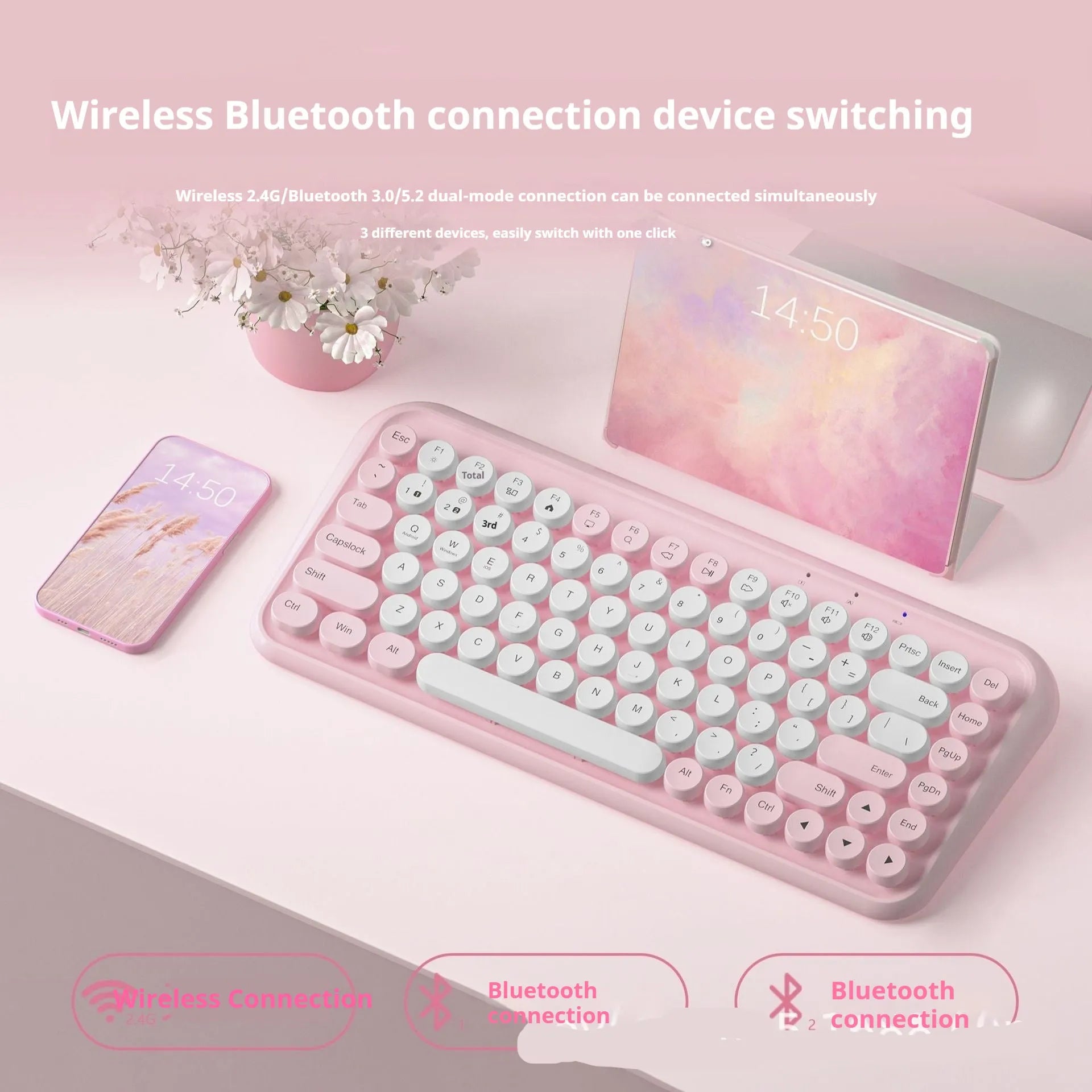 Pink wireless Bluetooth keyboard with 84 mute keys showing portable design