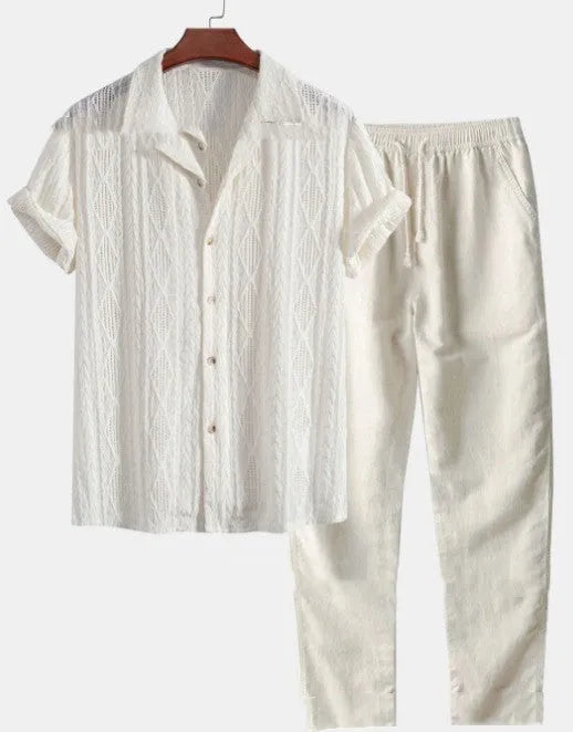 Men's loose fit short sleeve shirt and trousers suit in milk silk fabric for summer leisure wear