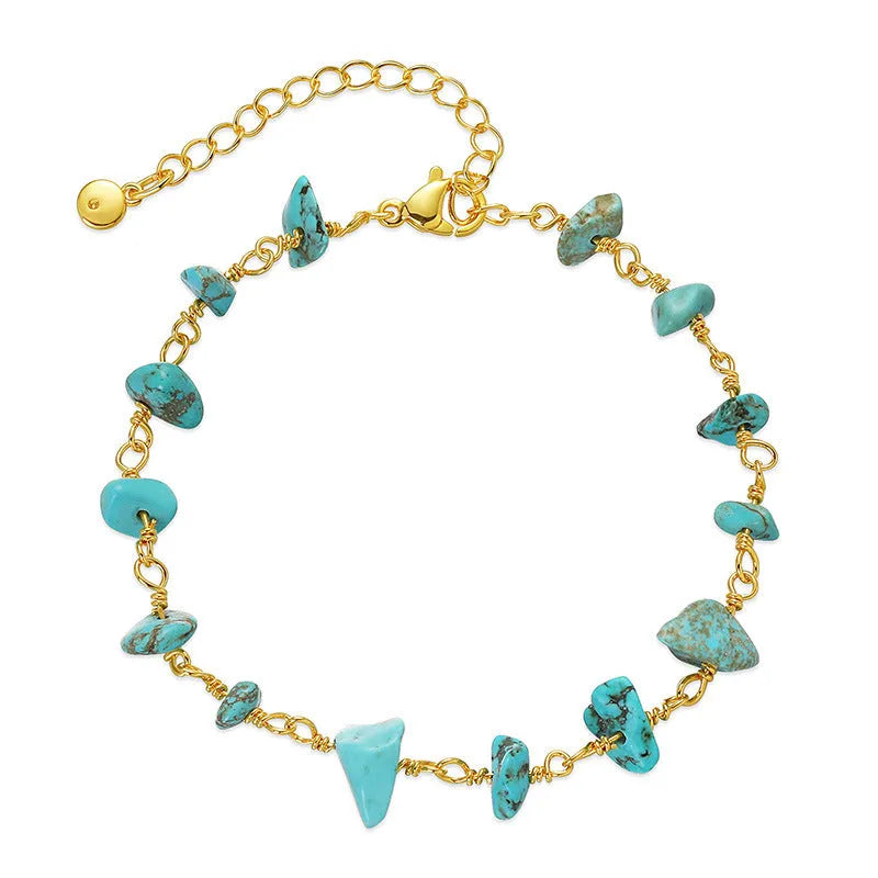 Women's 18K copper bracelet with irregular natural gravel turquoise design and crystal elements in geometry shape