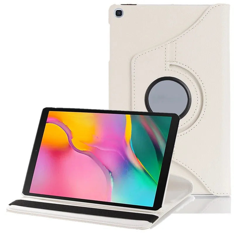 iPad rotating protective sleeve in imitation leather clamshell design showing colour options