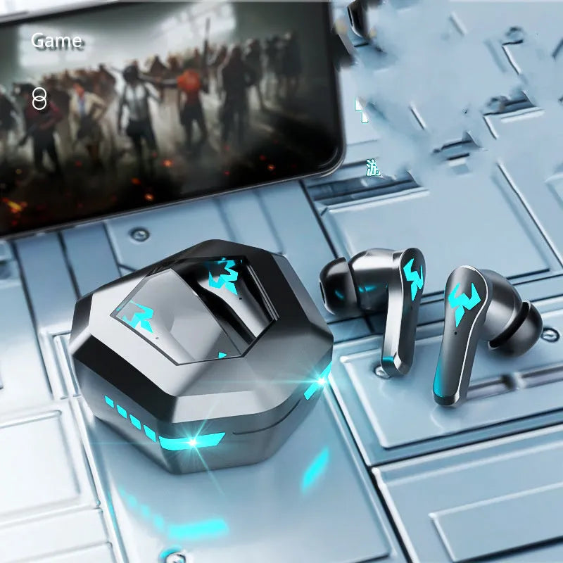 Black wireless in-ear sports headset with stereo earplugs for gaming and calls.