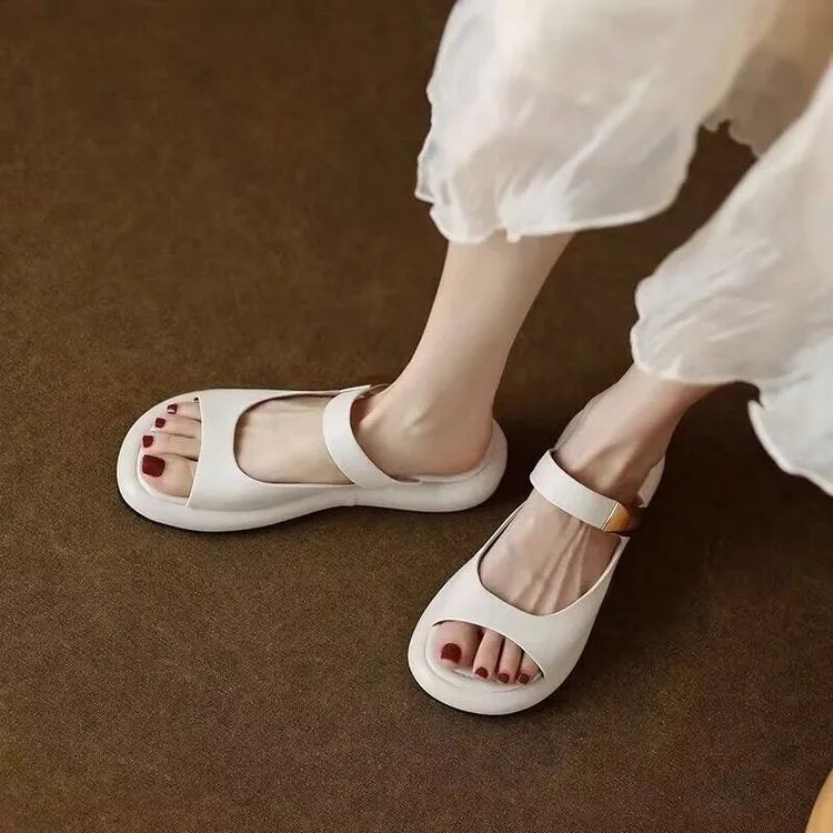Women's apricot French leather peep toe platform sandals with rubber sole for outdoor casual wear