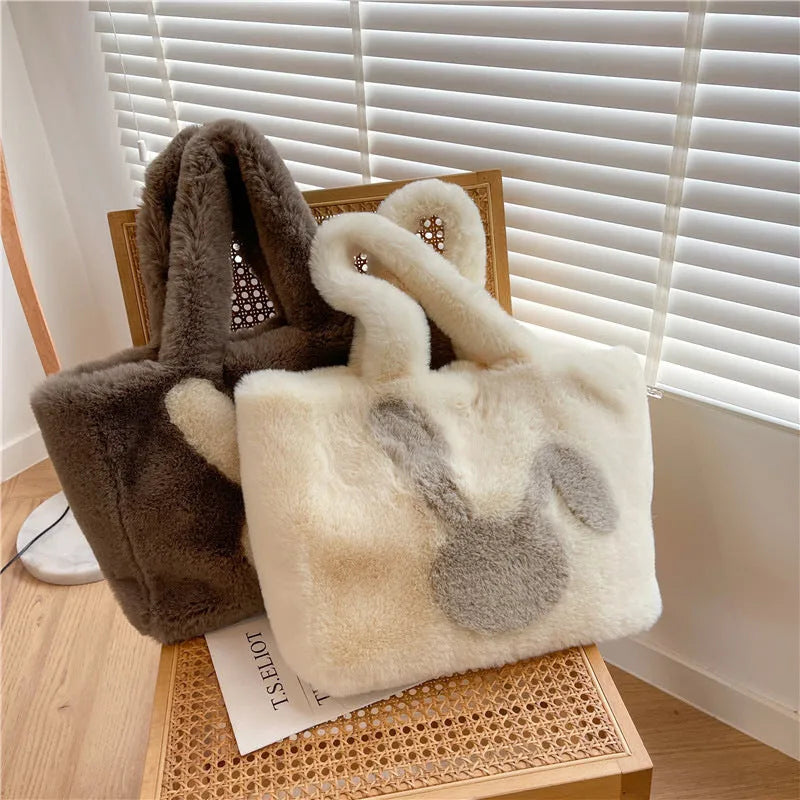 Plush shoulder bag with cartoon rabbit ears design in solid colour with large capacity