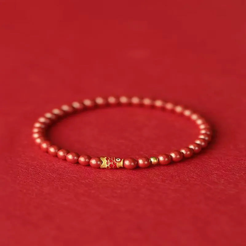 Natural raw ore cinnabar koi bracelet with gold ball model, available in 4mm or 6mm beads, national style.