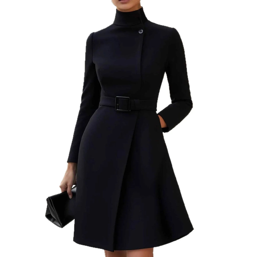 Women's long sleeve casual dress with stand collar and high waist in black, bohemian style on a model