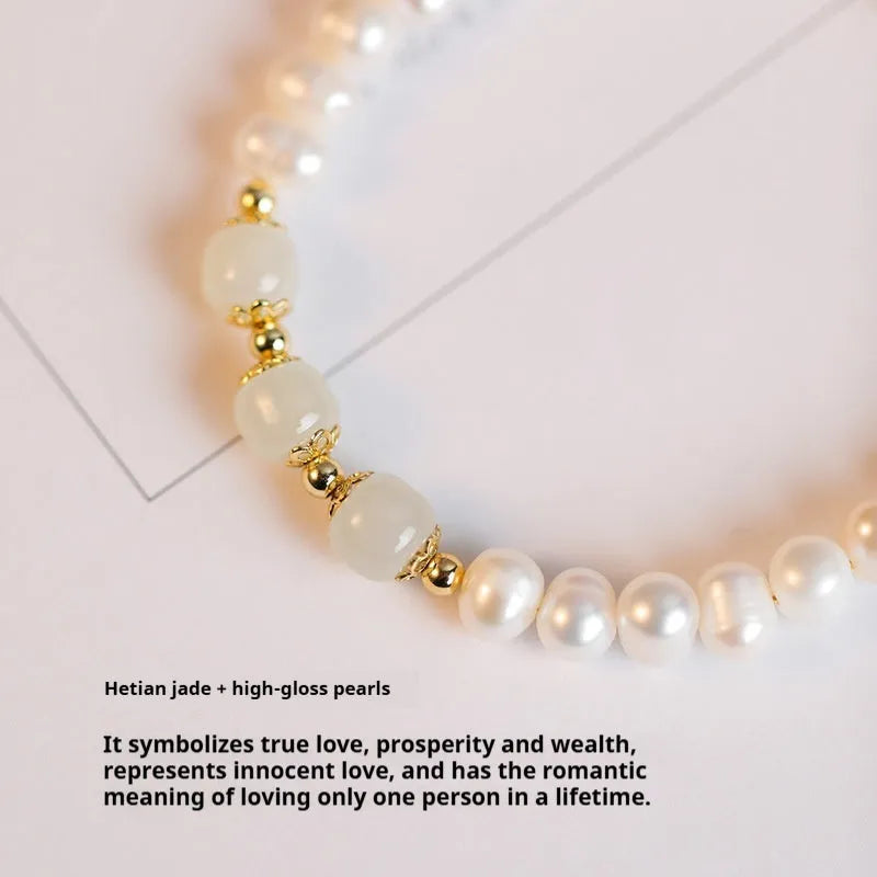 Natural freshwater pearl bracelet with diamond-shaped pearls in Hetian jade colour
