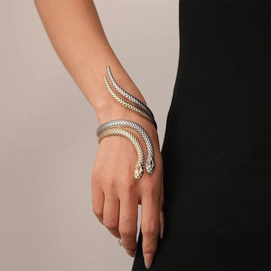 Exaggerated twisted winding snake design ring and bracelet jewellery set in gold or silver electroplated finish
