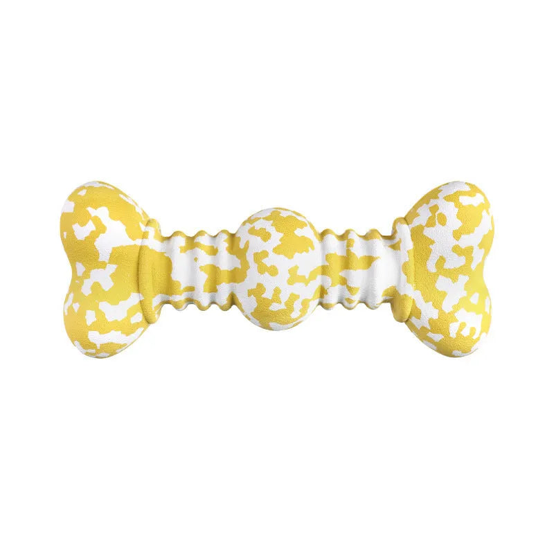 Green, white, and yellow camouflage pattern natural rubber dog chew toy for large breeds.