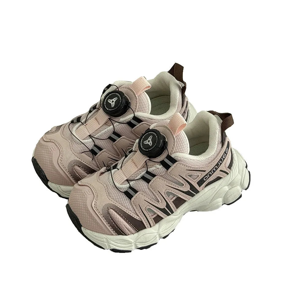 Kids' casual shoes in black, beige, or pink with a lightweight PU leather mesh upper.