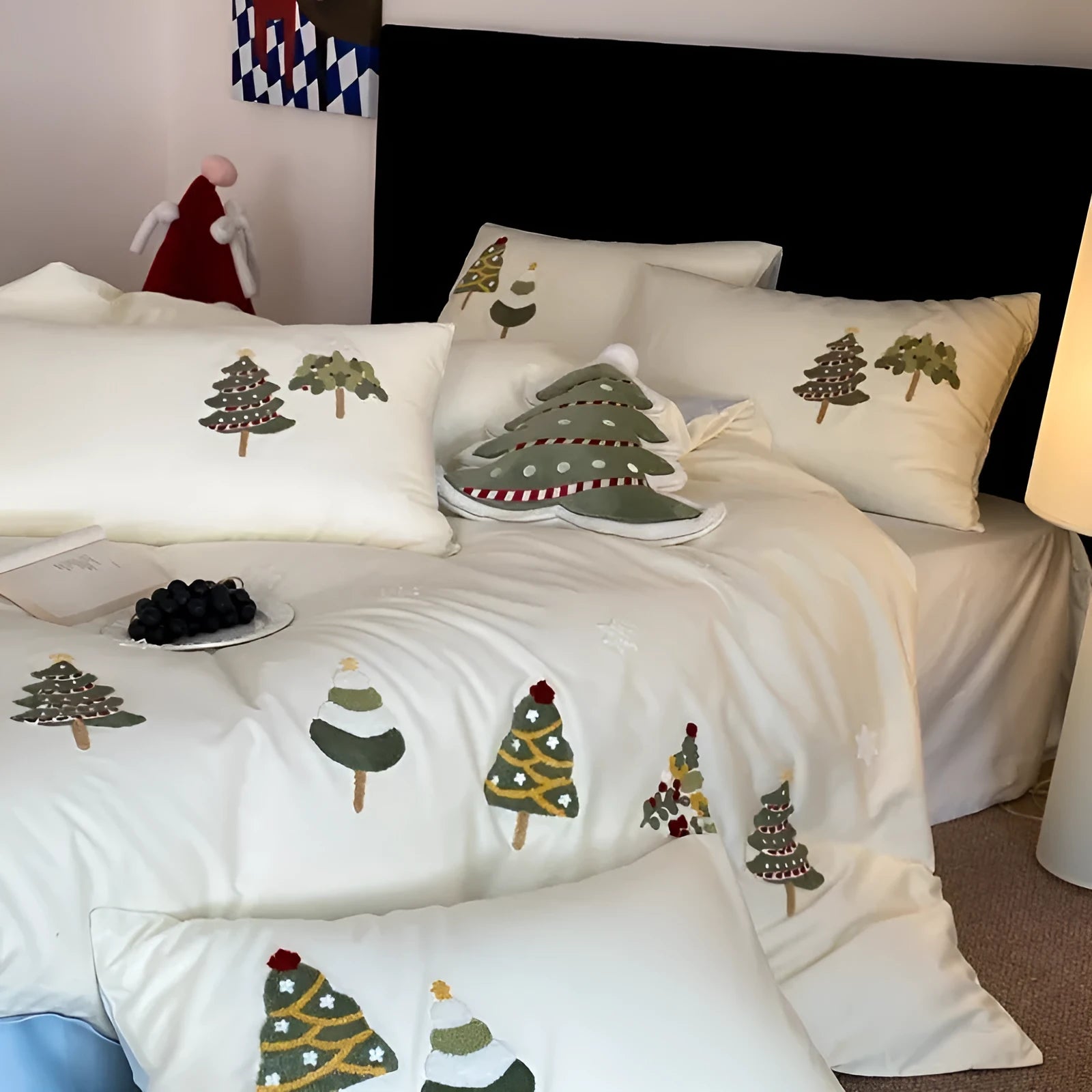 Cute Christmas tree towel embroidered pure cotton bedding set in cream blue or green green with floral patterns