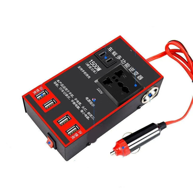 Black automotive power converter converting 12V 24V vehicle power to 220V with USB charging ports