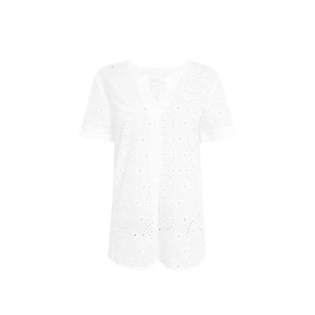 White women's V-neck t-shirt with hollow detailing and loose fit short sleeves