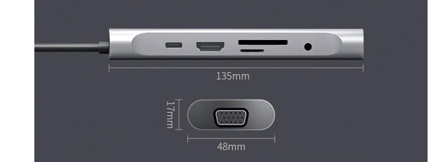 Grey USB-C docking station with aluminium alloy shell showing HDMI, VGA and USB ports