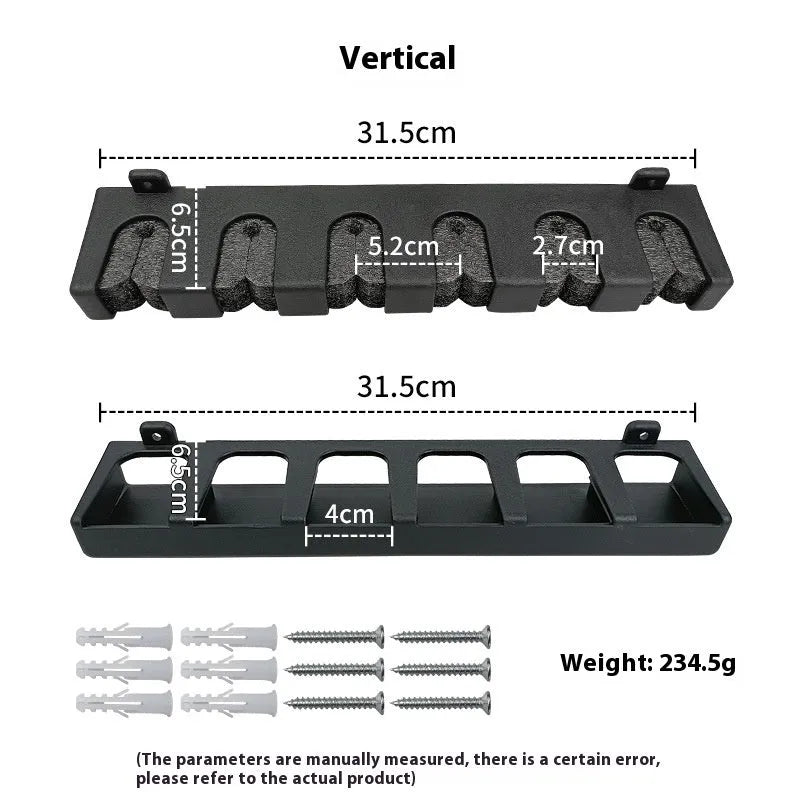 Black ABS plastic wall-mounted fishing rod holder for upright or horizontal storage.