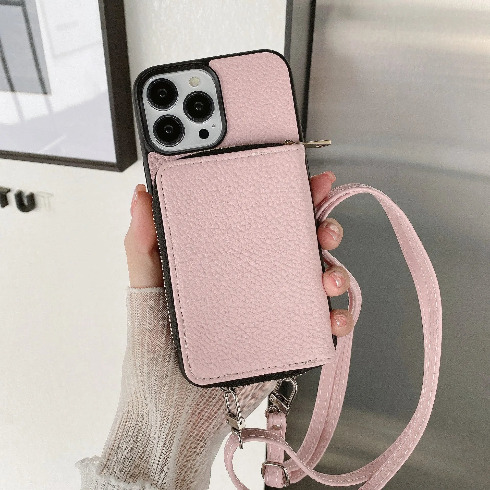 Litchi patterned phone protective case in PC and leather for iPhone 12, 13, and 14 series, black colour option