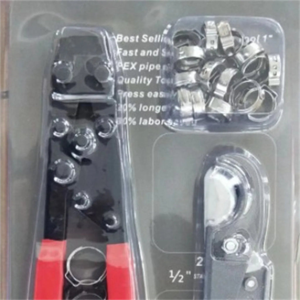 Single ear metal clamp with carbon steel cutting edge and red cloth handle for PEX pipe applications