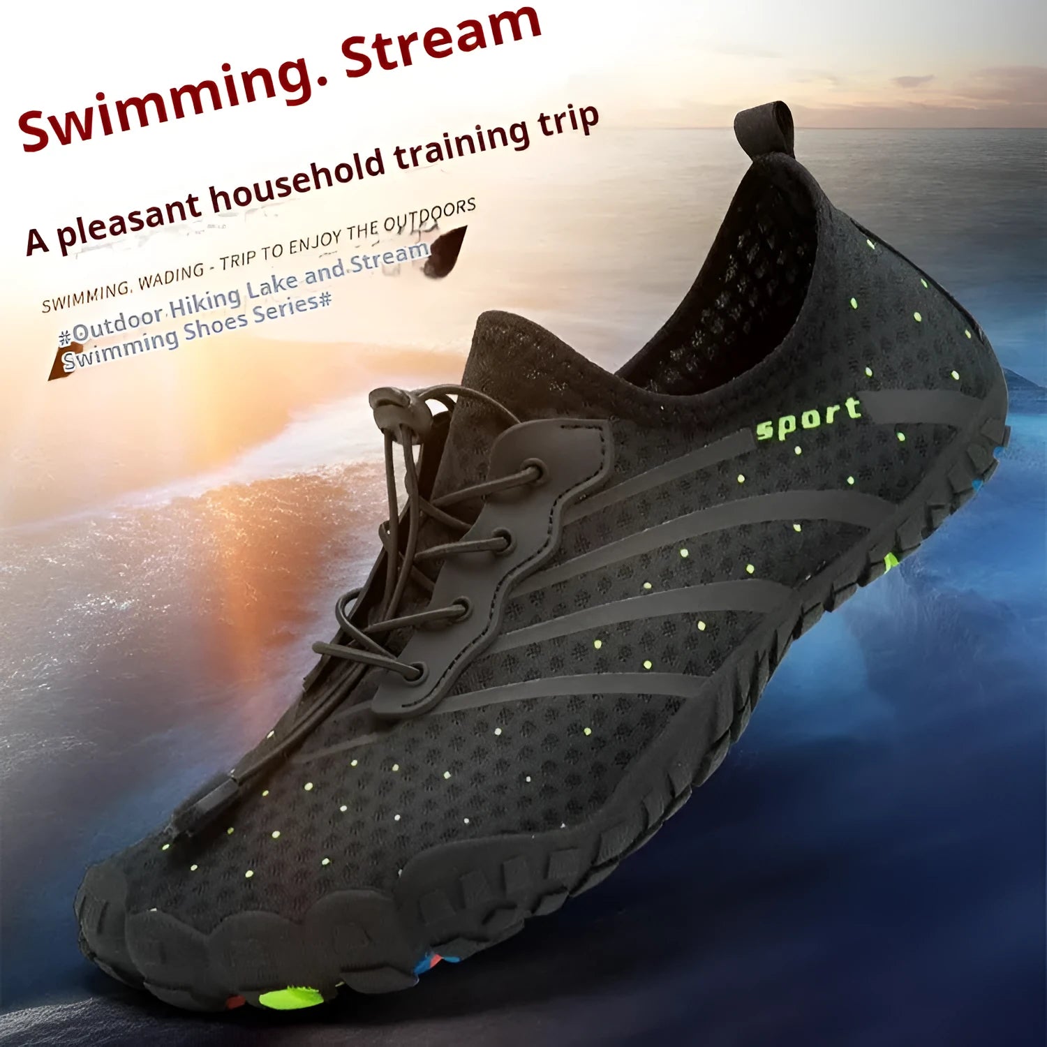 Fast drainage beach swimming couple outdoor fitness shoes, mesh upper, rubber sole, low top, in army green