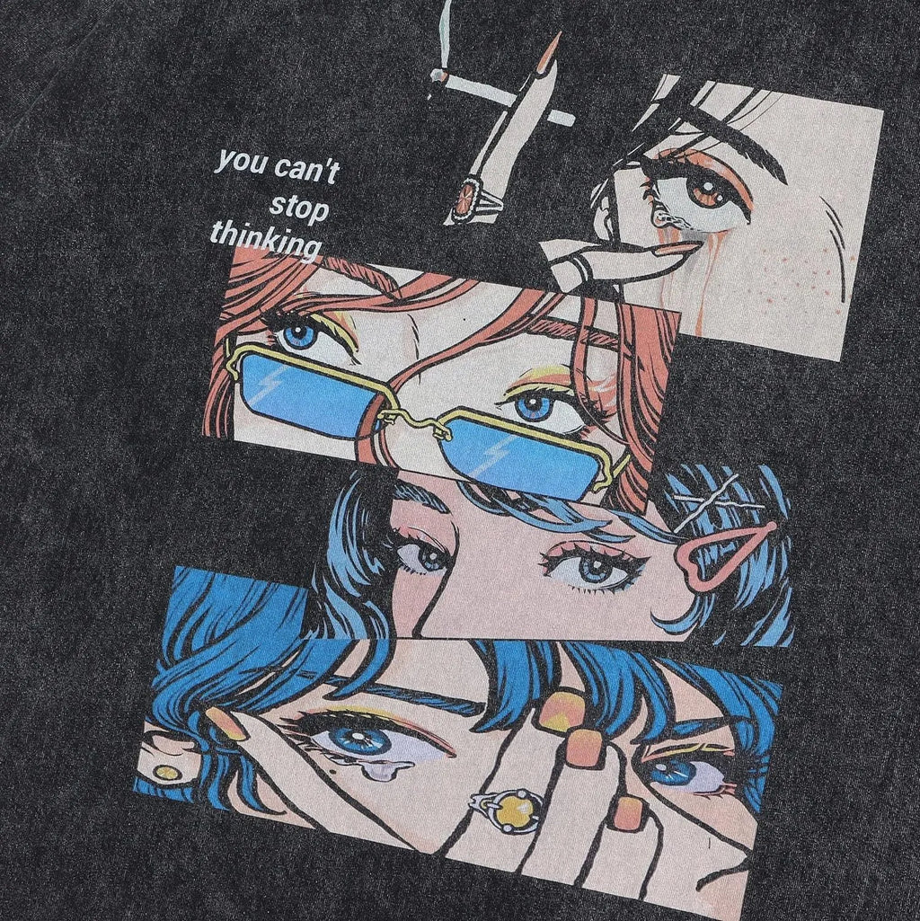 Men's loose fit retro cartoon print t-shirt in washed black with pure cotton fabric