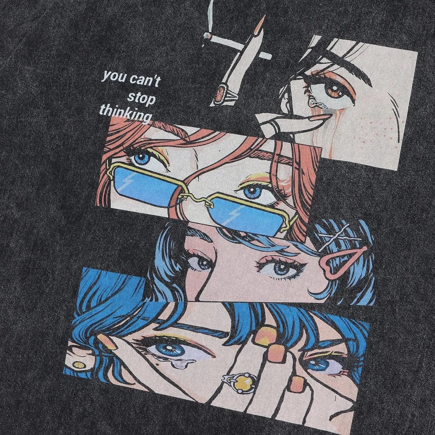 Men's loose fit retro cartoon print t-shirt in washed black with pure cotton fabric