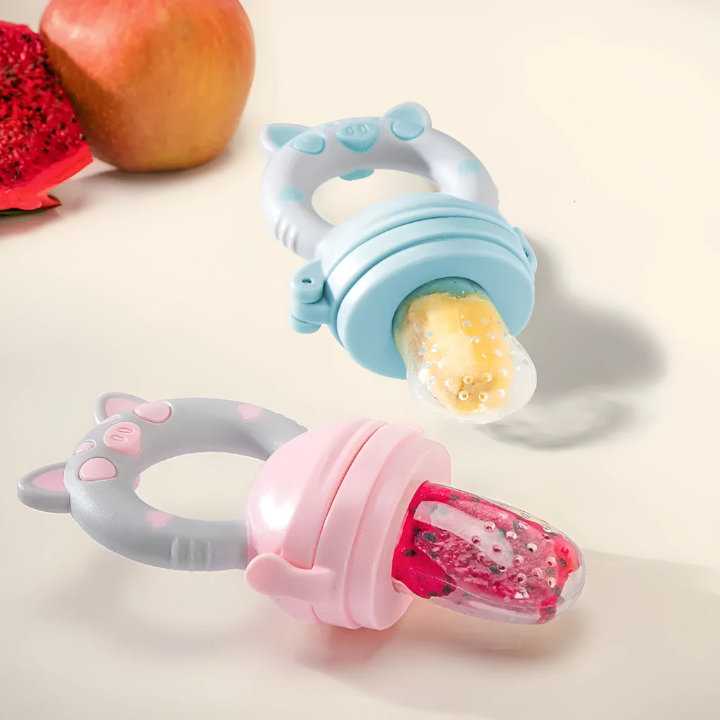 Baby teether toy made from silicone rubber in blue, green or pink colours with textured mouthpiece