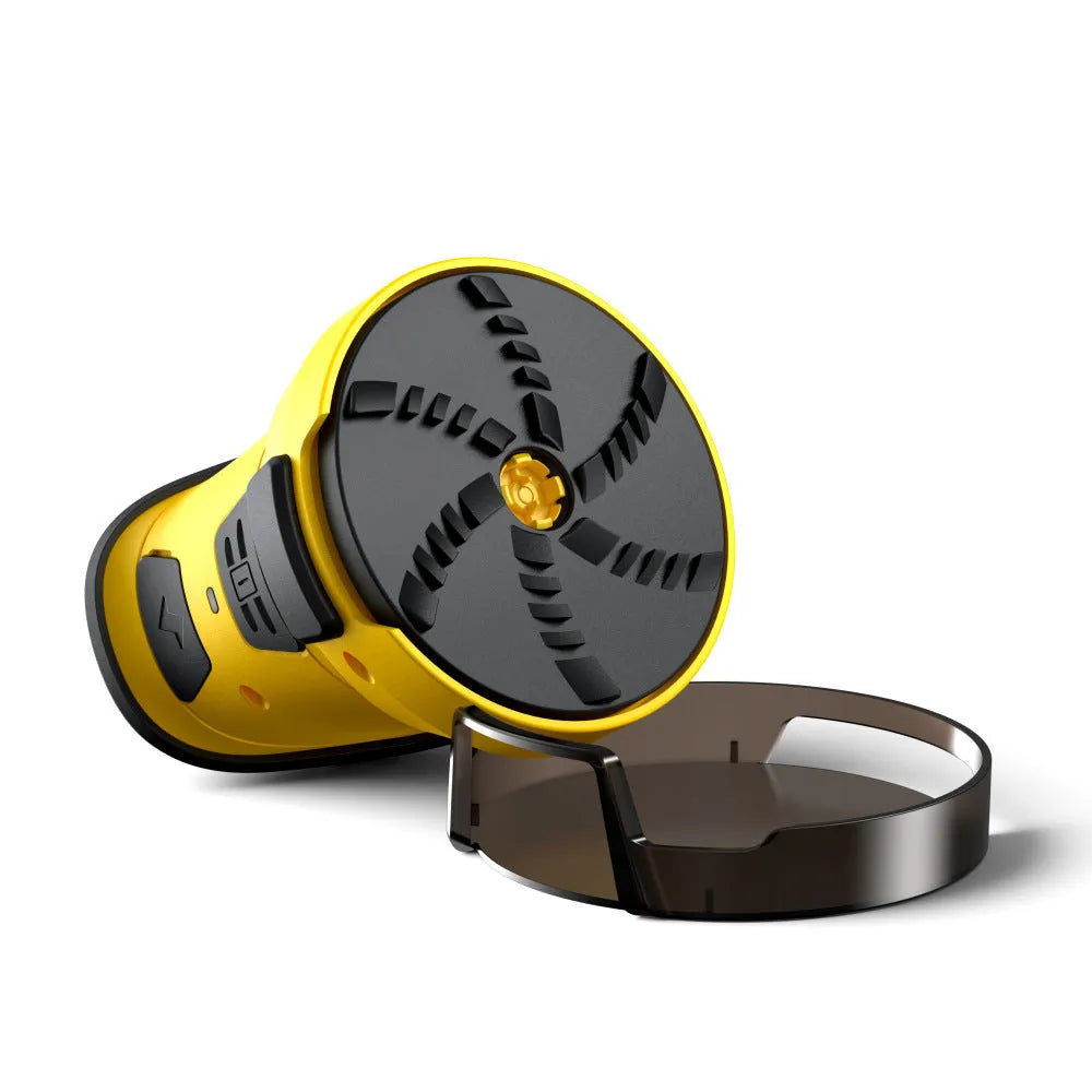 Cordless electric snow scraper in yellow ABS plastic with charging cable, measuring 118mm tall