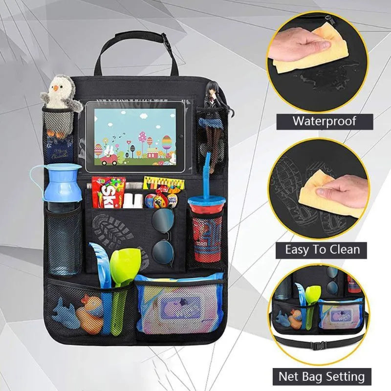 Black car storage bag made from Oxford fabric, measuring 61 cm by 41 cm, attached to a car seat back pocket