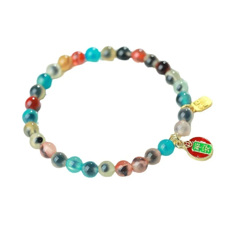 Natural agate bracelet with coloured glaze and copper coin details, women's size, 6mm and 8mm beads, handmade