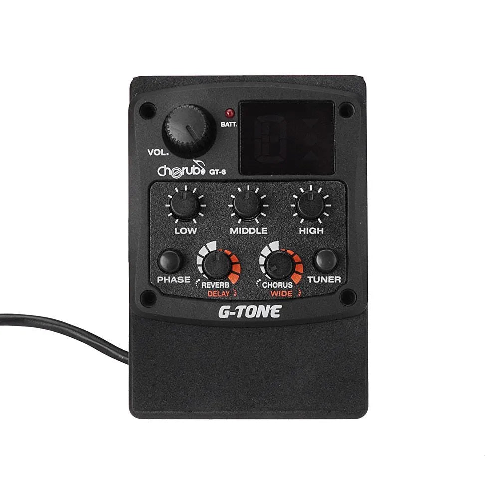 Black Cherub GT-6 acoustic guitar EQ equalizer and piezo pickup with control knobs for effects and tone.