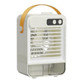 Dark green and ivory white compact desktop USB humidifier showing dimensions and control buttons.