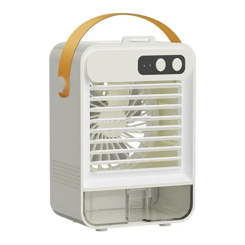 Dark green and ivory white compact desktop USB humidifier showing dimensions and control buttons.