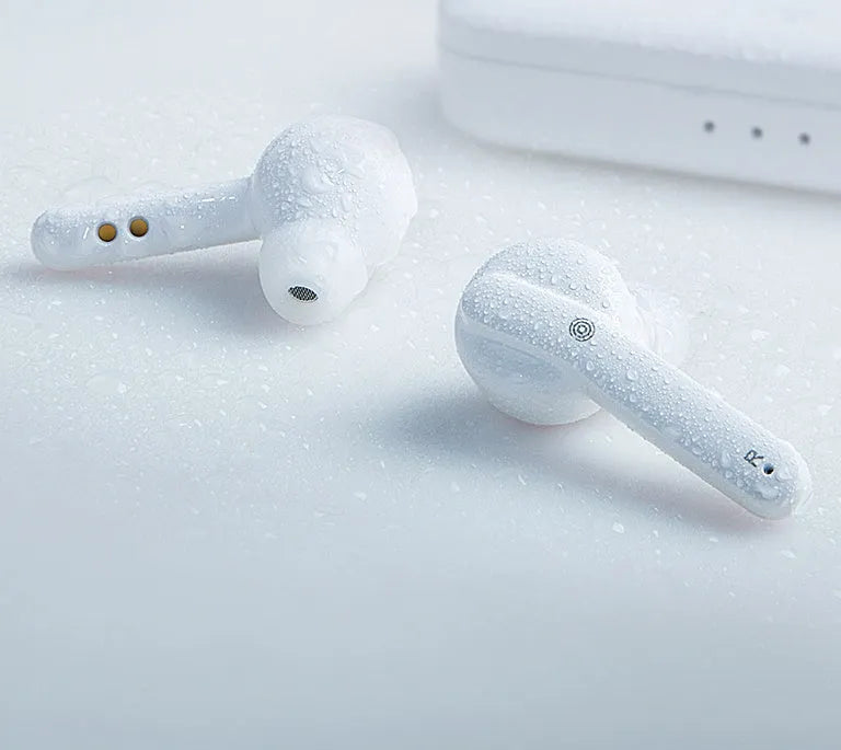 Black and white TWS wireless Bluetooth earbuds with IPX5 waterproof rating