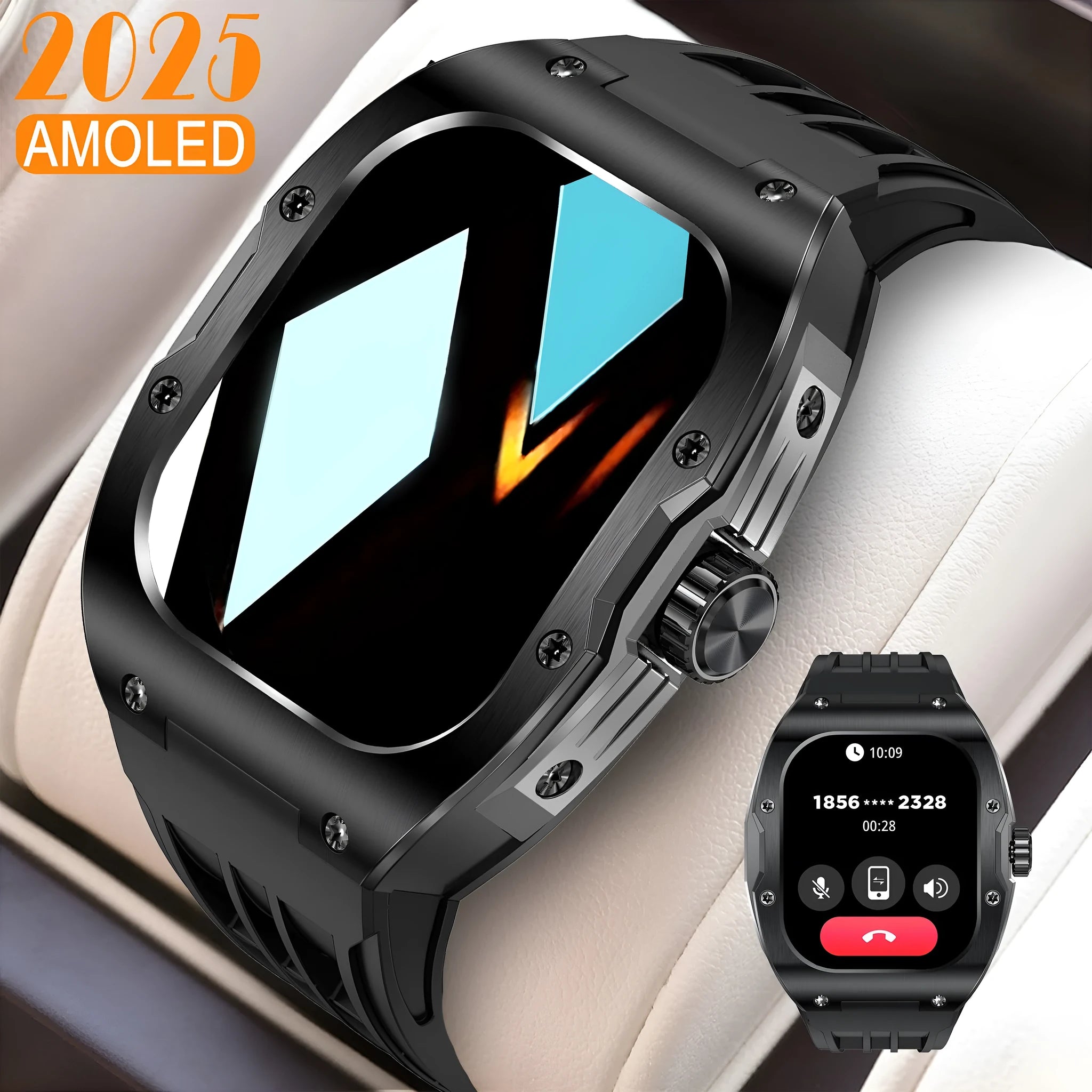 AMOLED smart watch for men with black and blue tape tab strap, showing Bluetooth calling and fitness tracking features.