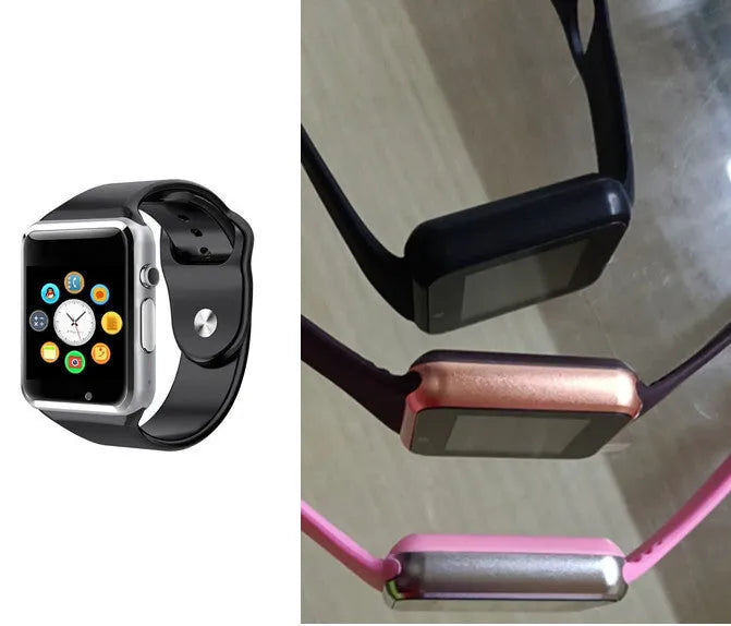 A1 Smart Watch for Android with 1.54-inch screen, Bluetooth, GSM SIM slot, and camera in multiple colours.