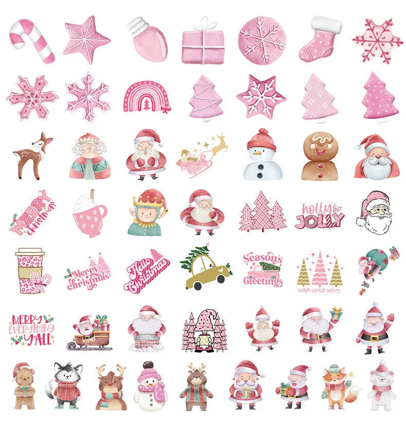 Pack of 50 cute Christmas-themed waterproof vinyl stickers for decorating cars, phones, and computers.