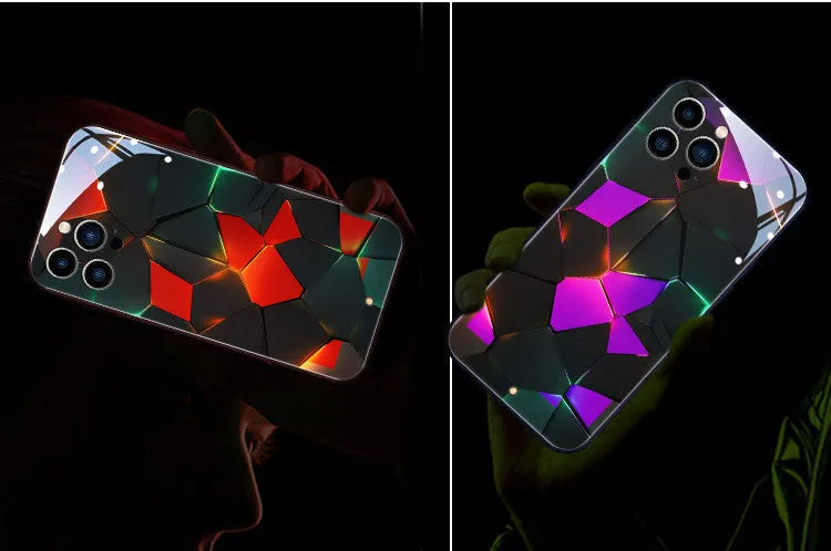 Clear tempered glass Xpress 14 iPhone case with illuminated lightning diamond pattern on a table