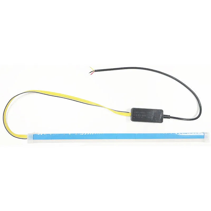 Silicone car LED daytime running light strip with wires, showing flowing turn signal effect.