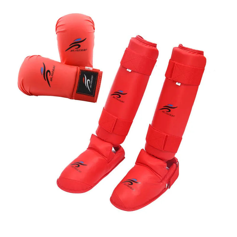 Blue karate protective gear set showing PU leg guard, helmet, and boxing gloves on a grey background.