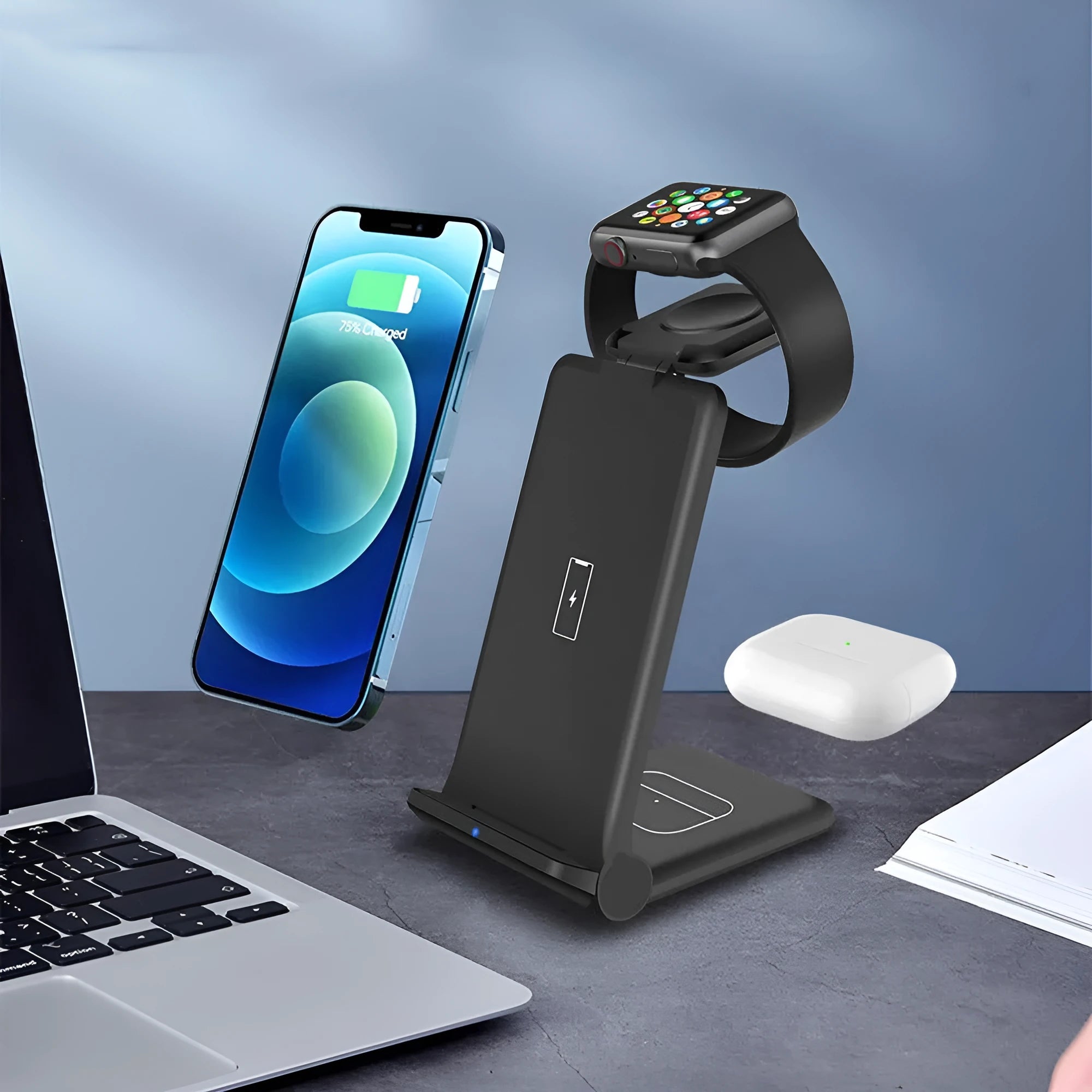 White 3-in-1 wireless charging station showing phone, Apple Watch and AirPods charging simultaneously.
