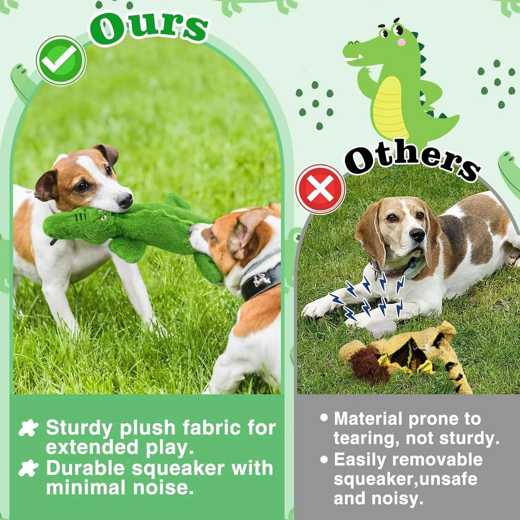 Green plush crocodile dog toy with no stuffing, featuring a squeaker head and crinkle paper tail.