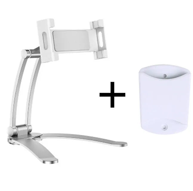 Silver aluminum desktop tablet stand with white ABS base, showing adjustable clip holding a tablet.