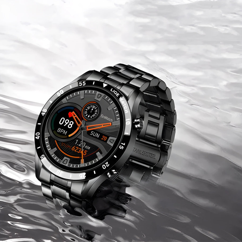 Smart watch with stainless steel wristband and 1.3-inch touchscreen display showing step count interface