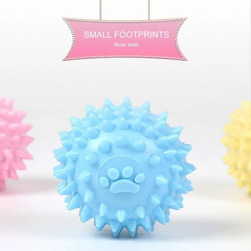 Blue TPR rubber chewing ball for dogs with footprint design and textured surface for tooth cleaning