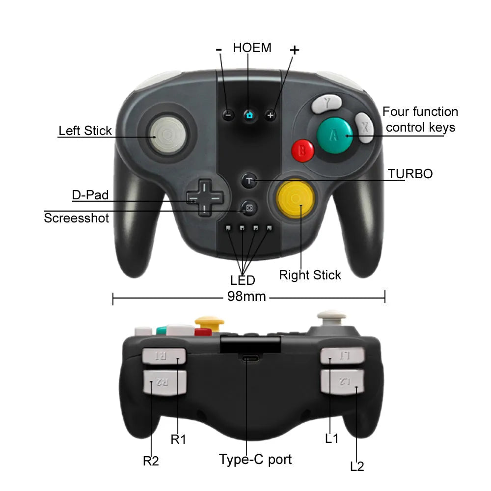 Black wireless gamepad for Nintendo Switch and PC with NFC function and Type-C port.