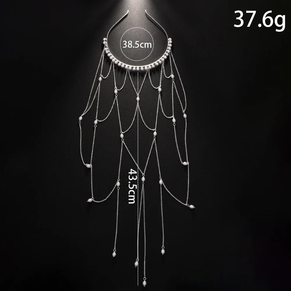 Gold and silver mesh tassel hair chain for women with pearl detailing and electroplated finish