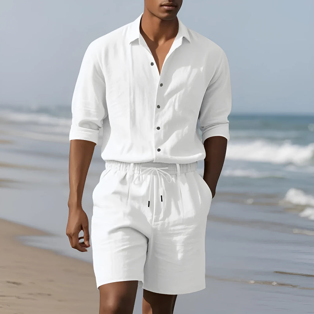 Women's linen long sleeve shirt and shorts beach suit in khaki, front view on model