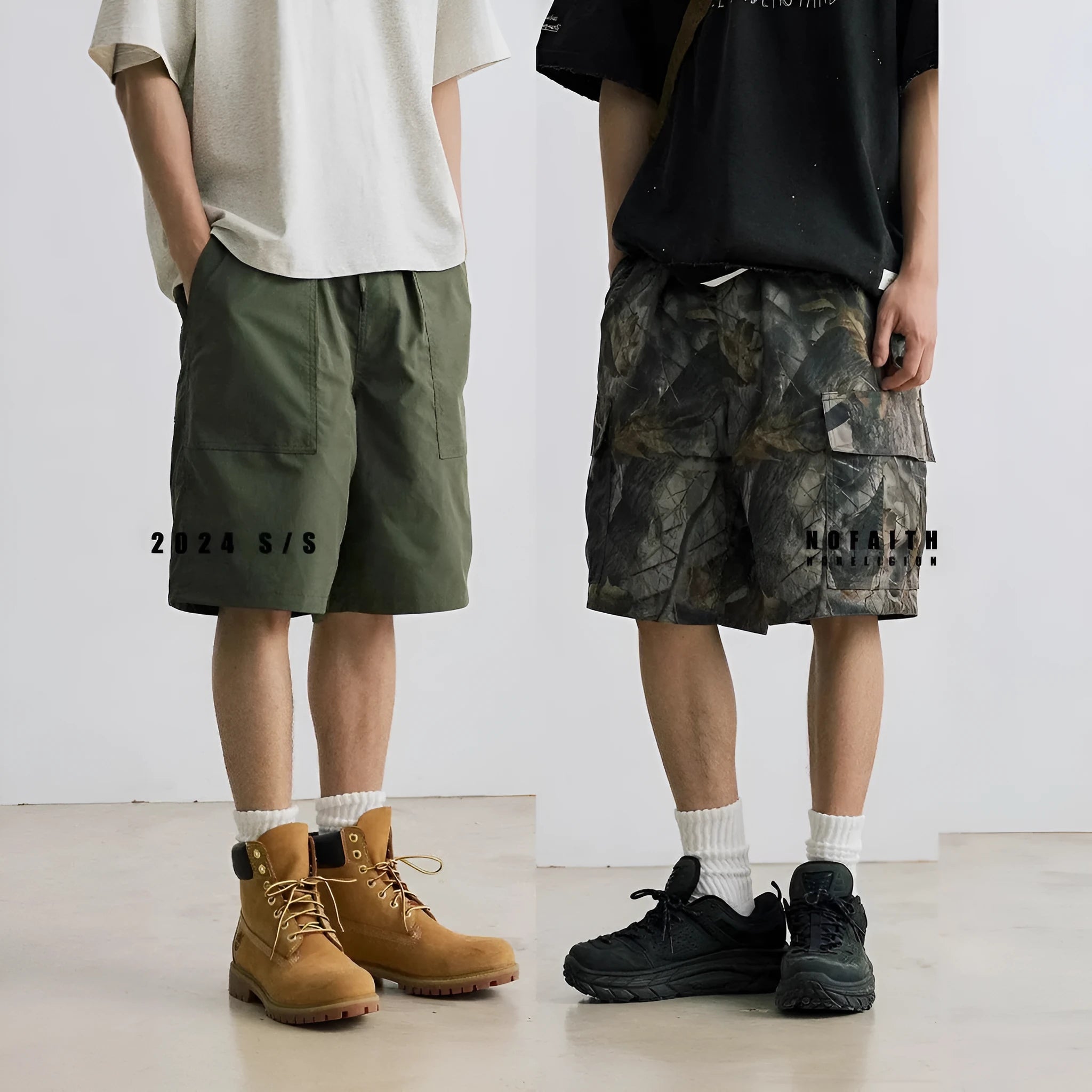 Men's straight-leg denim shorts with elastic waistband in black or army green