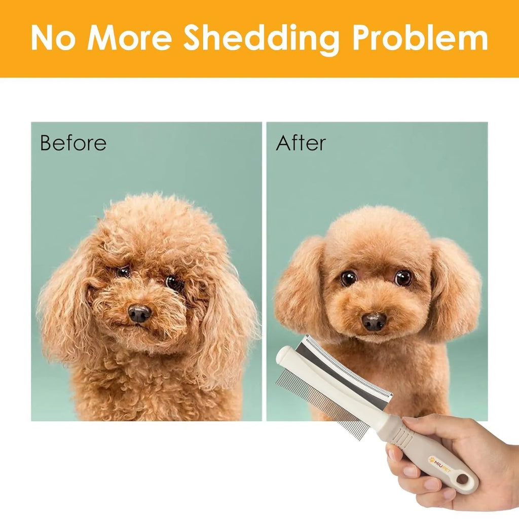 White double sided dog and cat deshedding brush with curved comb and ergonomic handle.