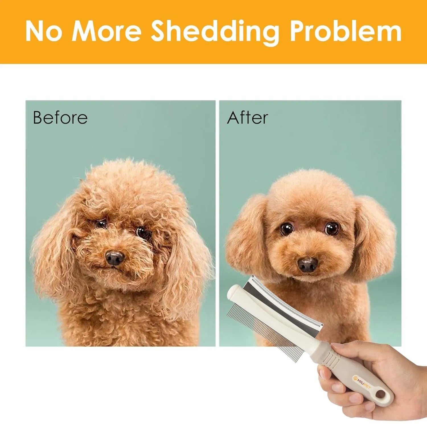 White double sided dog and cat deshedding brush with curved comb and ergonomic handle.