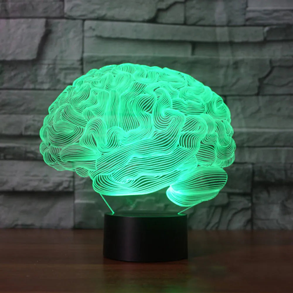 3D brain illusion LED desk lamp on stand with remote control, showing colourful light projection.