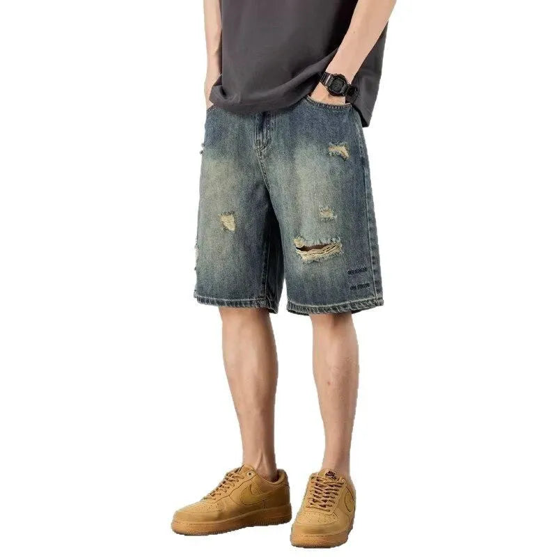 Blue retro loose hole denim men's shorts with straight-leg cut, micro-elastic fabric, in size L
